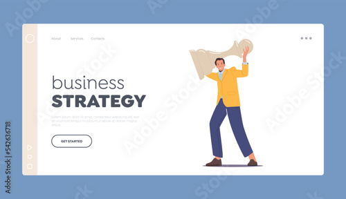 Business Strategy Landing Page Template. Cheerful Man Holding White Pawn Chess Figure In Hands, Win, Success Checkmate