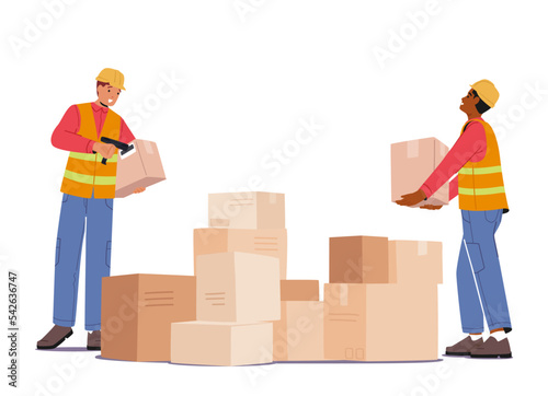 Warehouse Workers Scanning Barcode on Cargo Boxes, Checking Freight Number with Scanner. Logistics and Transportation