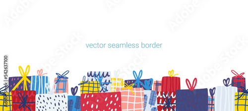 Border vector whith gift boxes. Christmas and Holiday Gifts Snow Winter Background