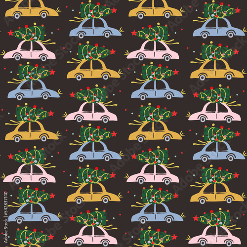 Seamless pattern with  pink, yellow and blue retro car with a fir tree. Vector illustration.