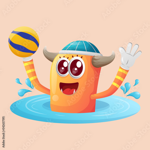 Cute orange monster playing waterpolo