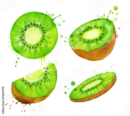 Watercolor set of isolated whole and sliced kiwi