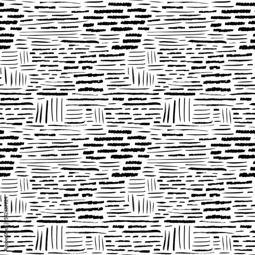 Abstract different horizontal strokes seamless pattern. Brush drawn thin and bold short stipes. Retro black and white texture in digital style. Vector horizontal dashes. 