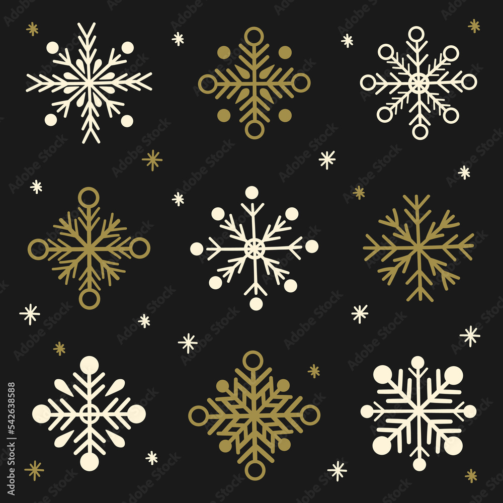 Set of gold and white snowflakes on a dark background . New Year illustration in flat style. Vector image. Set of gold and white snowflakes on a dark background . New Year illustration in flat style. Vector image.