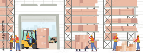 Industrial Warehouse Logistics and Merchandising Concept. Worker Characters Loading and Stacking Boxes with Forklift