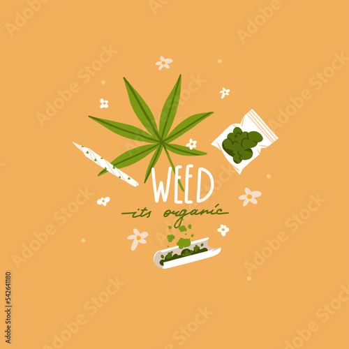 Hand drawn vector abstract graphic clip art illustration of Medical Marijuana, smoking accessories.Smoking weed cartoon.Cannabis and weed legalization concept design art.Trendy vector illustration.