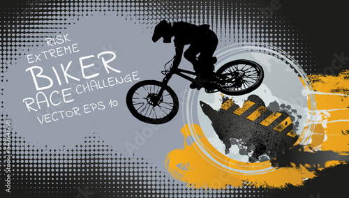 Vector banner or flyer with cyclist on the bike. Abstract poster of BMX competitions sport template