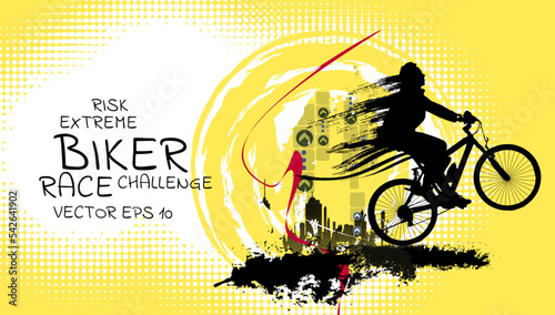 Vector banner or flyer with cyclist on the bike. Abstract poster of BMX competitions sport template