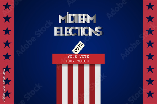 United States Midterm elections 2022 concept. Background of blue color and voting box vector illustration.