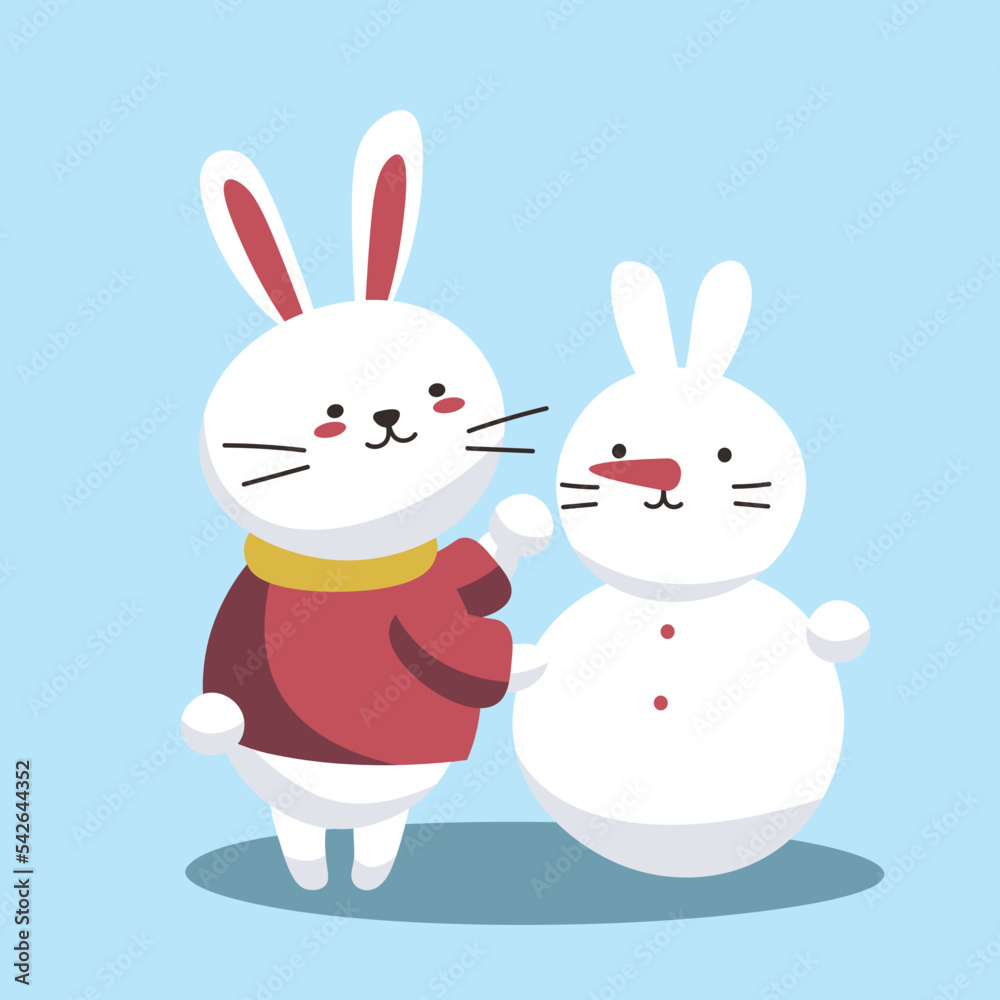 A cute cartoon rabbit makes a snowman. Winter card vector illustration on a blue background with snow. New Year and Merry Christmas EPS A cute cartoon rabbit makes a snowman. Winter card vector illustration on a blue background with snow. New Year and Merry Christmas EPS