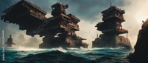 Artistic concept illustration of a unknown structure on the ocean, background illustration. photo
