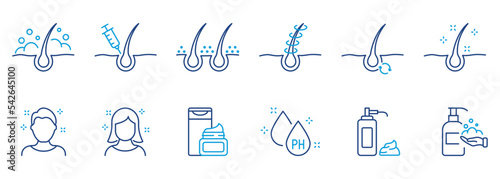 Treatment and Problem of Hair. Hair Beauty Care Line Icons. Hair Care and Loss Problem. Cosmetic Products for Hairstyle Color Outline Icons. Editable Stroke. Isolated Vector Illustration