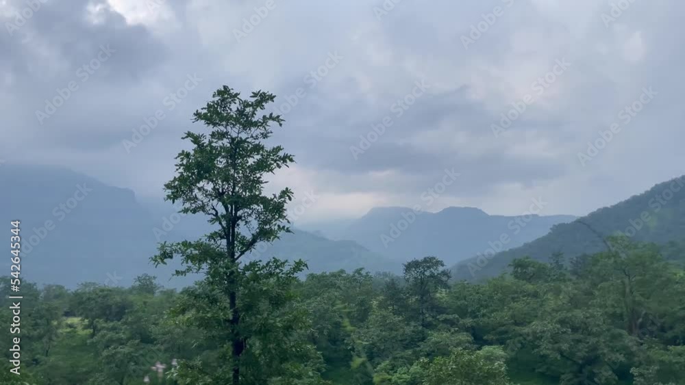 Dense Tree Leafage And Mountains Over Foggy Sky In Kalsubai Harishchandragad Wildlife Sanctuary, Western Ghats In Maharashtra, India. POV Dense Tree Leafage And Mountains Over Foggy Sky In Kalsubai Harishchandragad Wildlife Sanctuary, Western Ghats In Maharashtra, India. POV