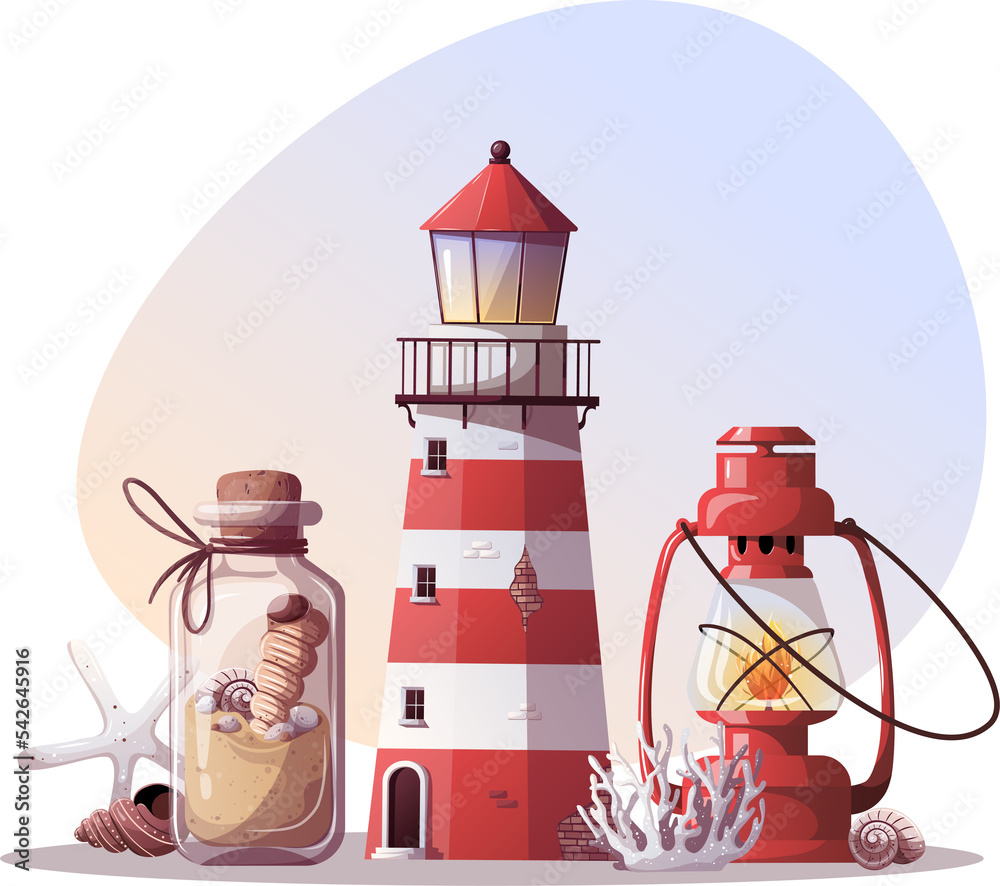 Sand bottle, lighthouse, kerosene lamp. Maritime, sea coast, marine life, nautical concept.