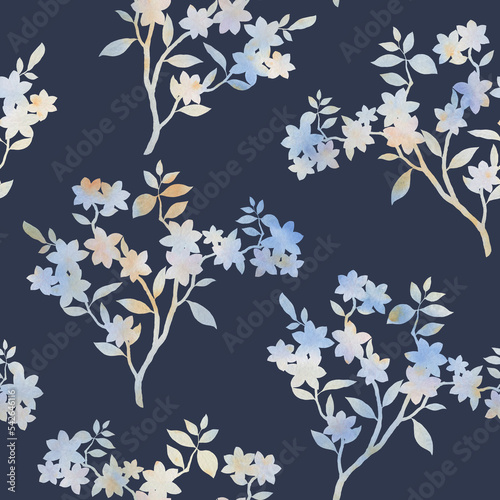 Abstract botanical pattern. Branch with leaves and flowers in a seamless pattern.