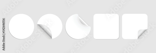 Circle adhesive sticker labels mockup. Square paper adhesive sticker with realistic round shadow