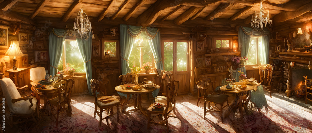 Artistic concept illustration of a cottage interior, background illustration.