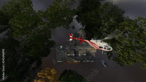 Helicopter and rescue mission in a flooded community, house flooded and car sunk
