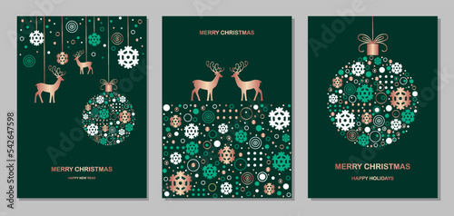 Christmas and New Year greeting cards on a dark emerald background. Set of templates with snowflakes, Christmas balls, reindeer and copy space with golden elements. Vector.