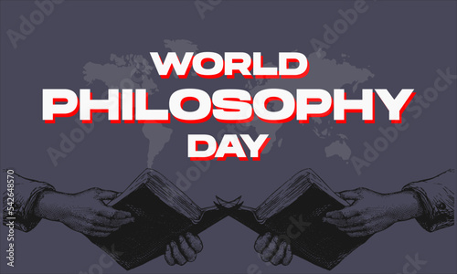 World Philosophy Day. Two Hand reading books lettering on blue background. Vector illustration