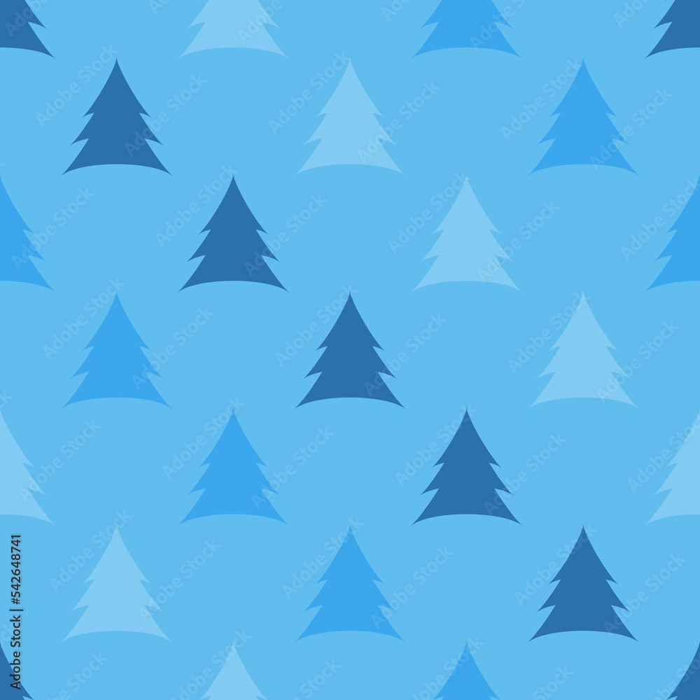 Christmas trees seamless pattern. Colorful xmas trees on blue background. Happy New Year concept. Christmas background. Festive design for print on wrapper paper, fabric, packing. Vector illustration
