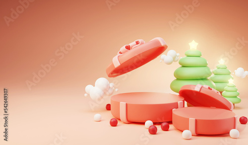 gift box podium with christmas tree and star for product presentation 3d rendering background, soft pop podium.