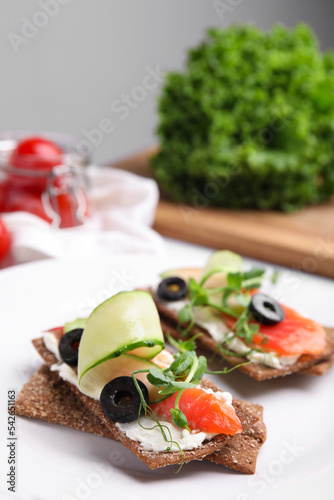 Tasty rye crispbreads with salmon, cream cheese and vegetables on plate, closeup