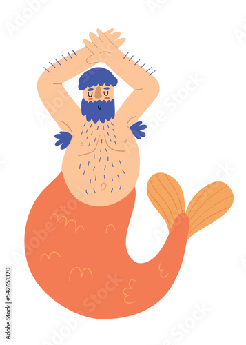 Cute hand drawn overweight merman with hair in armpits, representing body positivity, isolated vector illustration in flat style photo