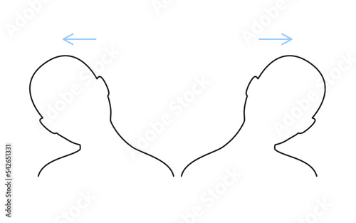 Exercise on stretch muscles of neck, tilt head, line sign. Active gymnastics, lateral extension for pain syndrome during break. Healthy yoga and relaxation. Vector outline illustration