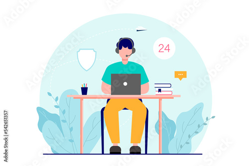 Online support, customer service, call center. Assistant sitting in front of laptop and answering customer questions. illustration.