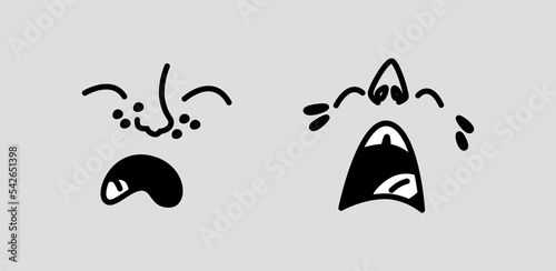 Crying facial expression of cartoon character. Isolated face with mouth, nose and closed eyes. Shedding tears and expressing grief. Vector in flat style