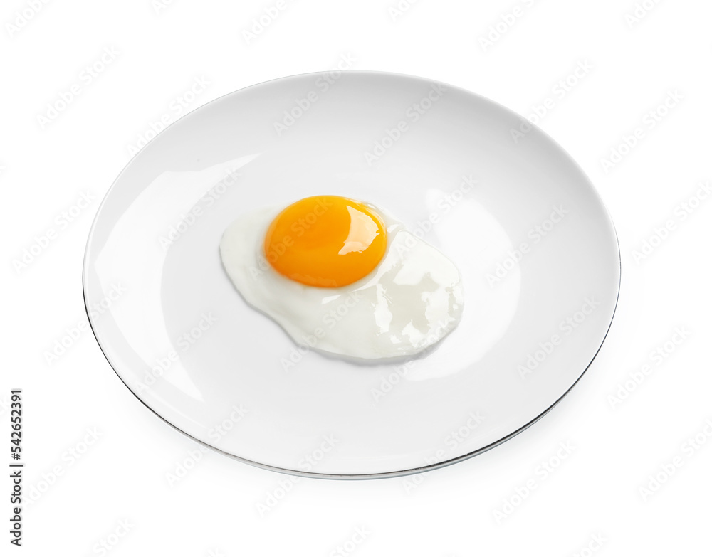Plate with tasty fried egg isolated on white Plate with tasty fried egg isolated on white