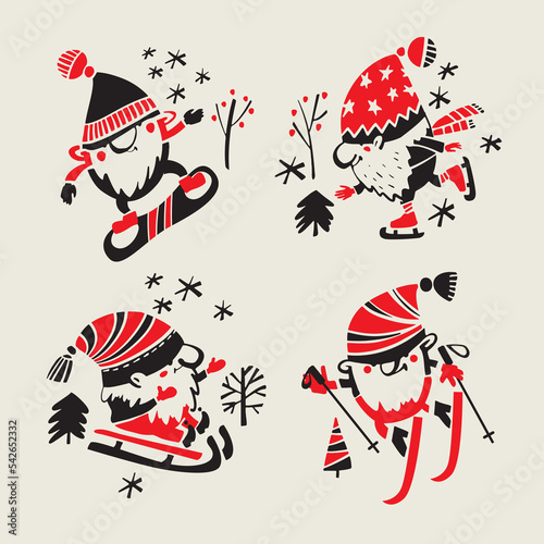 Winter sport gnomes. Ski and snowboard gnomes