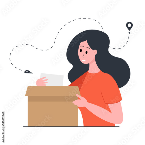 The character of a young woman unpacks the package. Vector illustration.