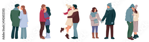 Hugging couples in winter clothes. A man and a woman in love, a happy family on a walk. Winter romance. Flat. Set of vector illustrations.
