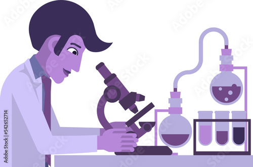 A scientist at a microscope on a lab bench with beakers and test tubes