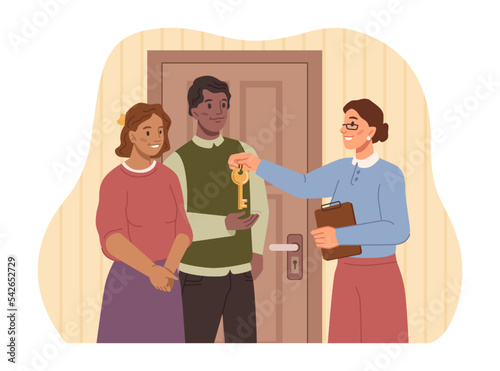Real estate agent giving keys to new homeowners. Buying purchasing house or apartment, young couple starting life together. Vector in flat style illustration