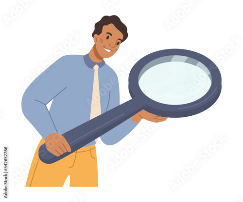 Real estate agent searching and looking, instrument or tool helping at work. Isolated male character zooming in, portrait of man wearing formal clothes. Vector in flat cartoon style