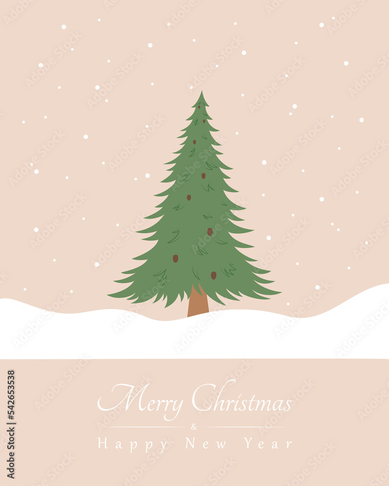 Holiday Greeting Card, Christmas tree in snow on beige background.