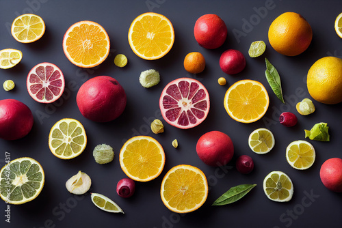 Food ingredients, fruit, top-down image, digital art