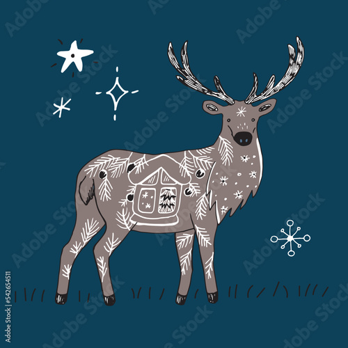 Forest animal deer christmas winter vector illustration poster.