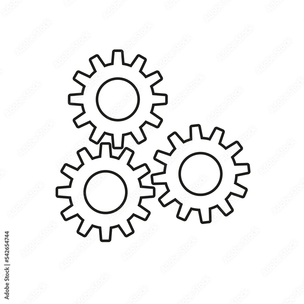 Gears line icon. Mechanism, wheels, construct, build, device, mechanical, engine, lock, builder, technology. Construction concept. Vector black line icon on a white background