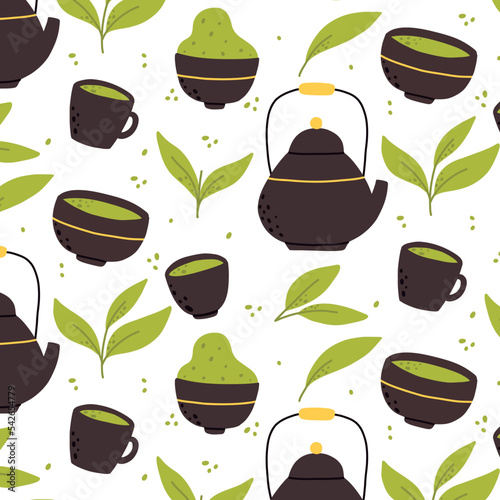 Seamless pattern with matcha. Vector illustration.Pattern with green tea.