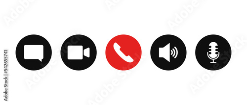 Vector illustration of call buttons. Turn the microphone on and off, chat, correspondence, video chat, volume, speakerphone, hang up. Vector black set icon on a white background