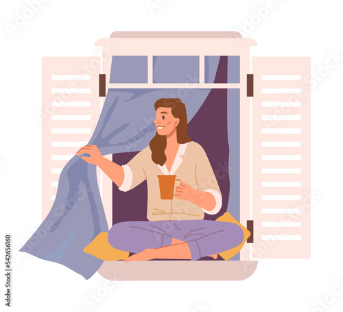 Female personage drinking tea or coffee sitting on window sill. Woman staying at home looking outside from apartment. Cartoon character, vector in flat style