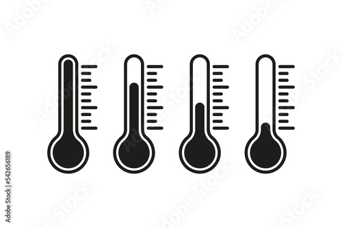 Thermometers set icon. Different levels of temperature, climat control, air, warm, cold, weather, fever, sickness, illness, health care. Measure concept. Vector black set icon on a white background
