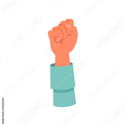 Hand gesture of raised clenched fist up. Isolated arm of protester on demonstration. Raising objections and put fight equality. Vector in flat cartoon style photo