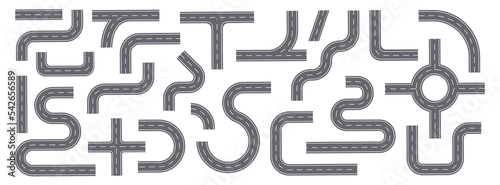 Roads and highways, isolated parts of streets and driveways for cars and transport. Intersections and circles for drivers transportation. Vector in flat cartoon style