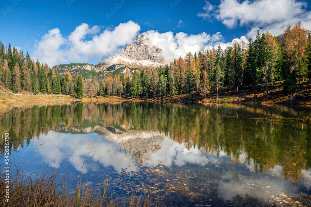 Beautiful autumn landscape in the mountains - lago antorno in italian dolomites