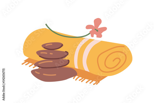 Beauty center procedures for wellness, isolated spa salon products set. Towel in roll, stones for hot massage and blooming flower. Vector in flat cartoon style